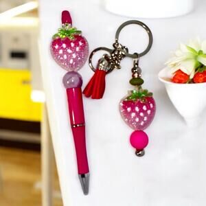 Strawberry Handmade Beaded Ballpoint Pen & Matching Keychain